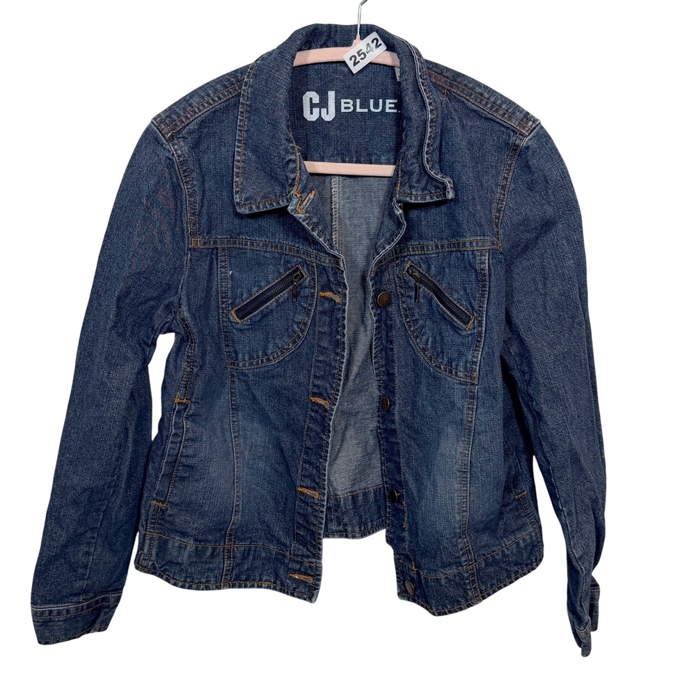 CJ Blue Denim Jacket Women Size M Blue Button Up Zip Pocket Casual Classic